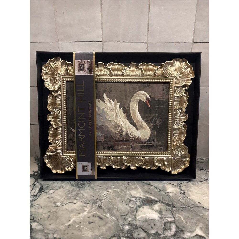 Swan Floral Framed Wall Art  Ornate Gold Frame Vintage Glam Marmont Hill